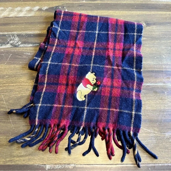 Vintage Disney Winnie The Pooh Plaid Grid Lambs Wool Scarf Winter Embroidered - Picture 1 of 8